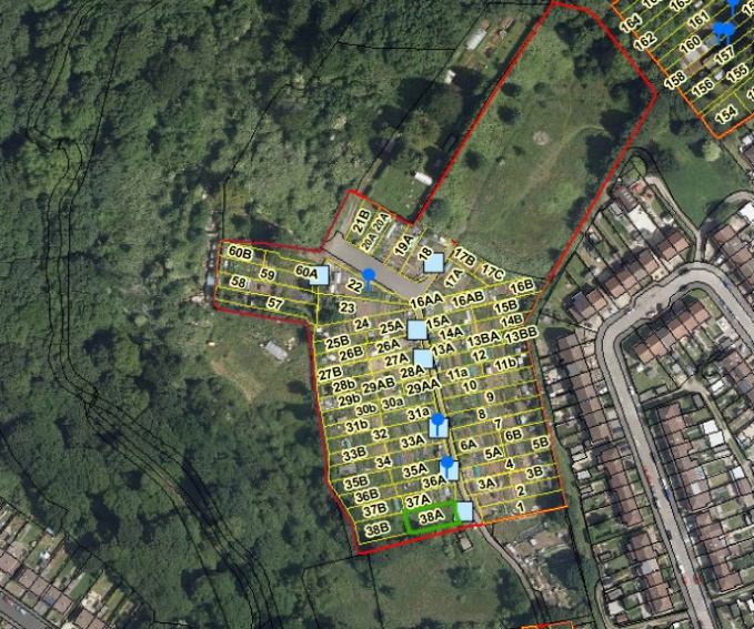 Arial photo of the Rock Allotments with plot numbers added