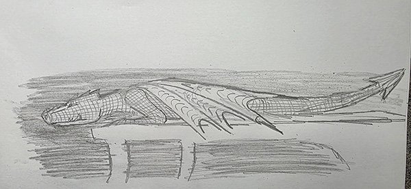 The proposed design for the sculpture - a dragon lying down with wings folded